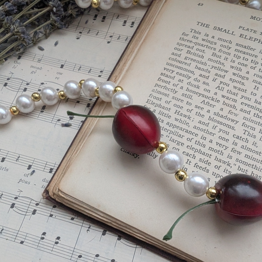 Faux Pearl and Red Cherry Bead Necklace - Picture 5 of 9